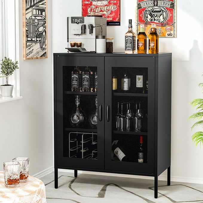 Washsemba Metal Storage Cabinet with Mesh Doors and Shelves,Multipurpose Storage Rack, 3-Tier Office Cabinet,Metal Locker Style Accent for Home Office,Living Room,Kitchen (Black-mesh, 40''H)