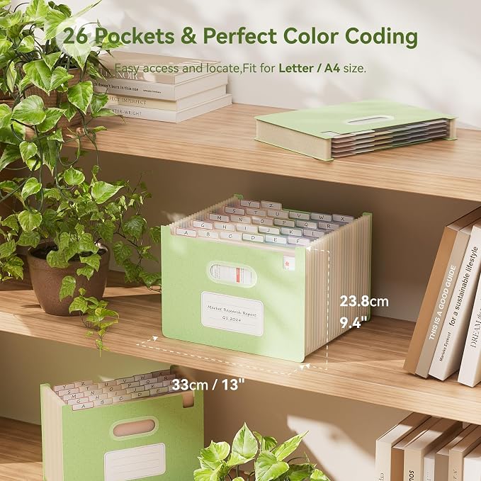 EcoStash 26 Pockets Accordion File Organizer, Upright&Open Top | Wheat Straw, 100% BPA Free, A-Z Bill Receipt Organizer, Letter/A4 Size for School Home Office Hospital - Mint Green
