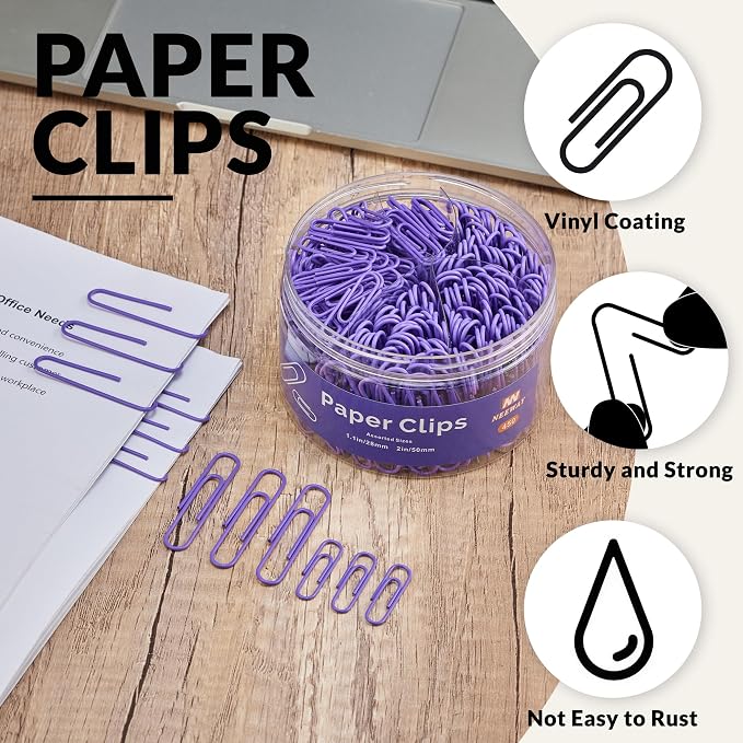 NEEWAY 450pcs Paper Clips Assorted Sizes, Small and Large Paper Clips (1.1 inch, 2 inch), Coated Paperclips for Office School Document Organizing (Purple)