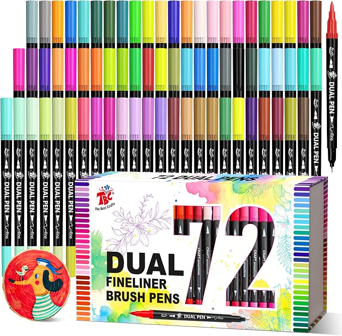 Brush Pens for Adult Coloring Books, 72 Colors Dual Tip Art Markers – Fine Tip for Outlining + Brush Tip for Coloring, Water-Based Non-Bleeding Markers for Journaling, Calligraphy, Hand Lettering