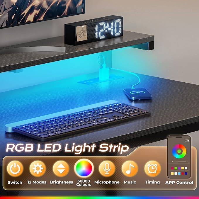39.4 Inch Gaming Desk with LED Lights & Power Outlets | Small Computer Desk with Drawer & Storage Shelves, Office Writing Desk with Monitor Stand for Work from Home, Black