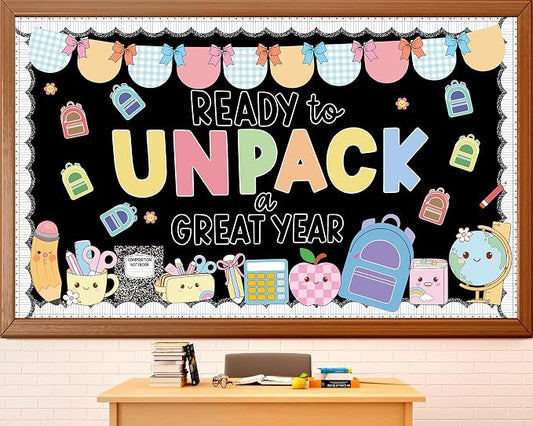 Welcome Back to School Bulletin Board Set Composition Notebook Inspirational Classroom Decoration Colorful Ready to Unpack a Great Year Paper Cutouts for School Office Home Chalkboard Wall Door Decor