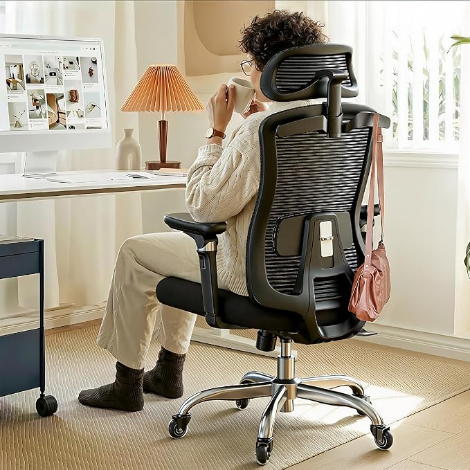 HUANUO Ergonomic Office Chair with 6D Armrest and Lumbar Support | Seat depth adjustment, quiet rubber caster, 3D headrest, high back mesh, big and tall design, 4-position recline