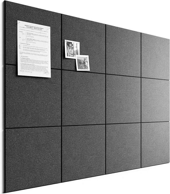 Bumusty 48"x 36" Large Felt Bulletin Board Tiles, Charcoal Gray | 12-Pack Cork Board Alternative, Wall Decor, 30 Pushpins, 60 Adhesive Tabs, Vision Board, Office, Classroom, Home, Dorm