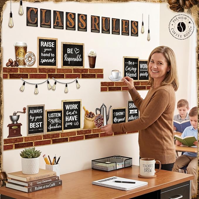 Qilery Class Rules Bulletin Board Decorations, Coffee Classroom Decor | Class Rules Brick Shelf Cutouts, Cafe Style Motivational Signs for Teacher Supplies, School Wall, Door Display