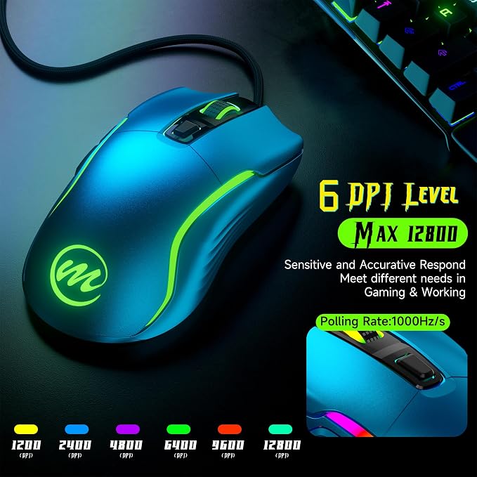 memzuoix Wired Gaming Mouse with RGB - 6 Adjustable DPI up to 12800, 6 Buttons, 12 Lighting Modes, Ergonomic Design with Anti-Slip Rubber Wheel, 5.6ft Braided Cable for PC/Mac/Windows - Blue
