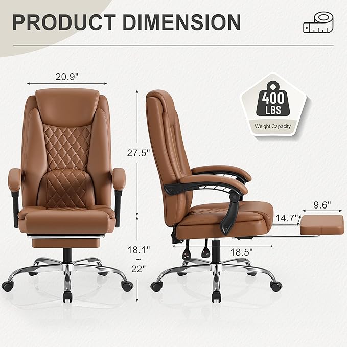 Homall Executive Home Office Chair with Lumbar Support,400lbs Adjustable Ergonomic High Back Office Chair Reclining Managerial Chair for Home Office (Brown)