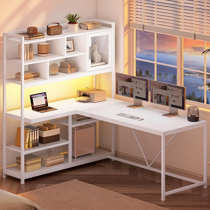 SEDETA L Shaped Computer Desk with Storage Shelves and Bookshelf, White | 58'' Reversible Office Desk with LED Light, Glass Door Cubby, L Shaped Corner Desk for Gaming, Two Monitors, Small Space
