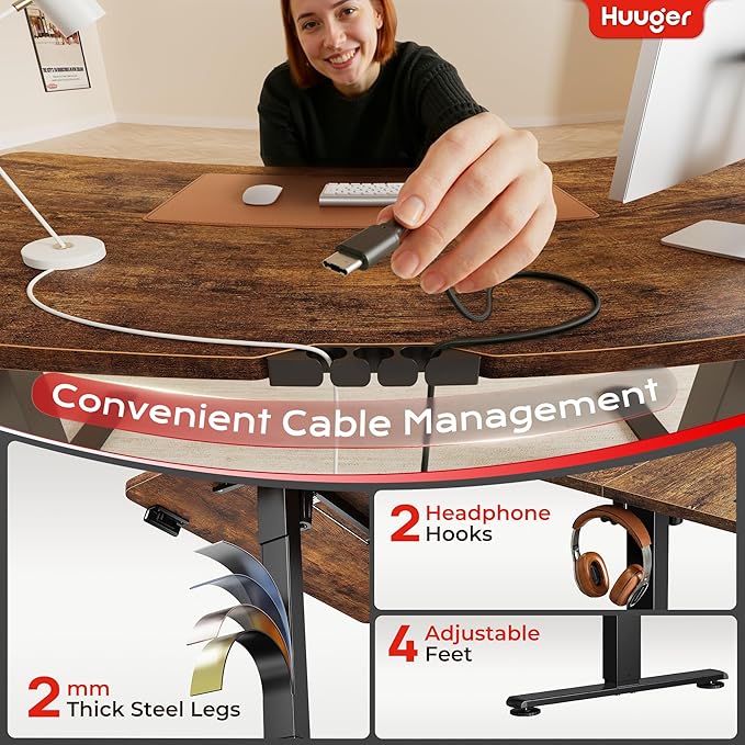 Huuger Electric Standing Desk with Power Outlets and USB-C Port, 47 X 24 Inch Height Adjustable Desk, Sit Stand Desk for Home Office, Computer & Gaming Desk with 4 Presets, Rustic Brown