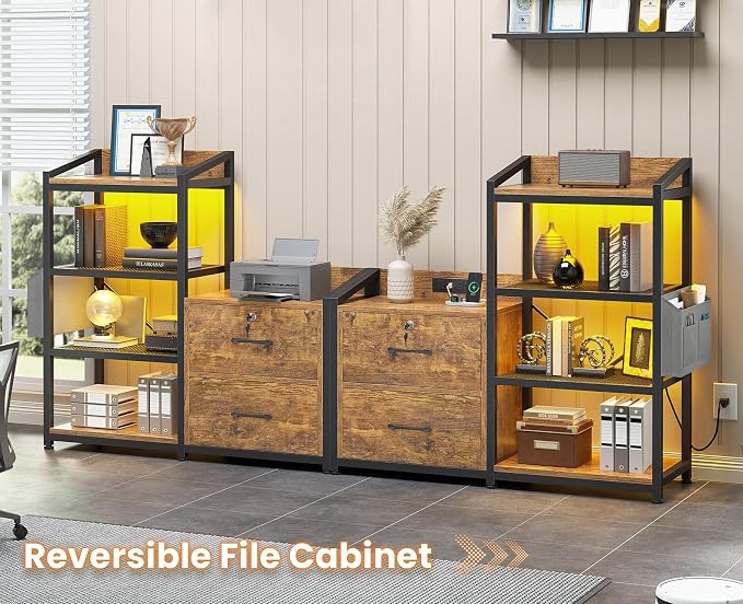 SEDETA 35.4” File Cabinet, Filing Cabinet fits Letter/A4 Size, 2 Drawe File Cabinets for Home Office with Power Strip, LED Lights, Lock, Open Shelf, Rustic Brown