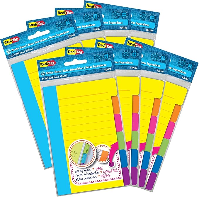 Redi-Tag Divider Sticky Notes, Tabbed Self-Stick Lined Notepads, 480 Ruled Notes, 4" x 6", 8 Books Per Pack, Assorted Colors (B29508)