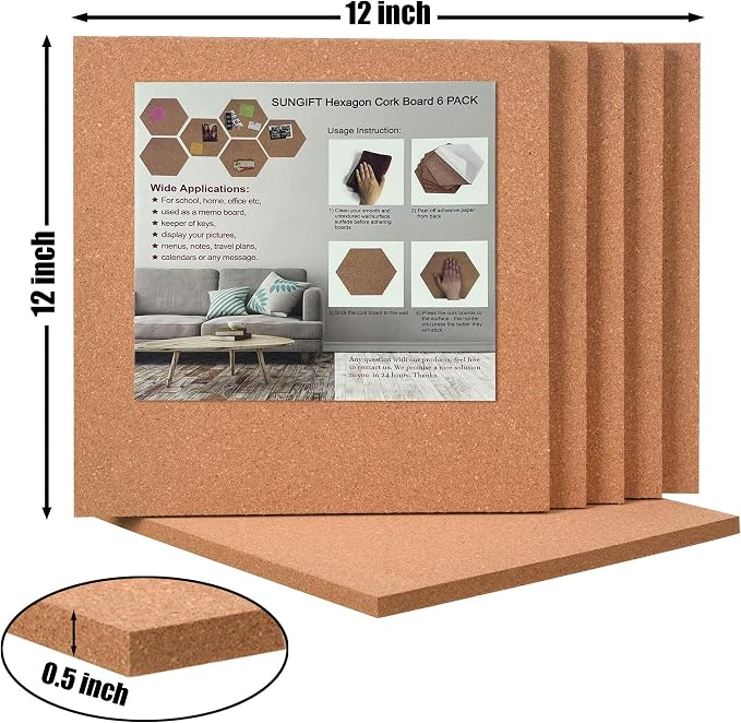 SUNGIFT Cork Board 12"x12" - 1/2 Inch Thick Self-Adhesive Tiles, 6 Pack | Square Bulletin Boards Cork Tiles with 50 Push Pins for Walls in Home, Office, Dorm, Photos, Notes