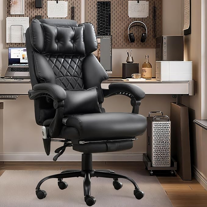 Office Chair with Foot Rest,3D Kneading Massage & Heat Executive Office Chairs for Heavy People,500LBS Big and Tall Office Chair,Ergonomic Reclining Desk Chair,Dual-Use Pillow,Home Office,Black