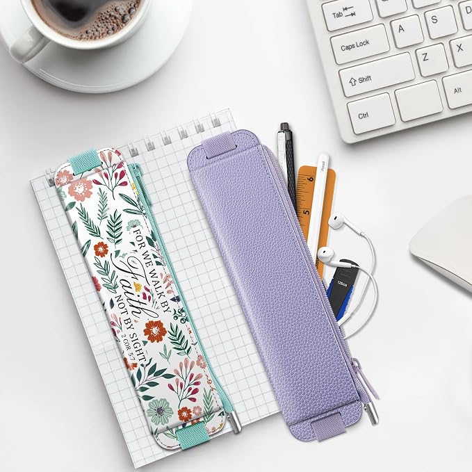 FINPAC 2-Pack Elastic Pen Holder for Notebook Leather Pen Holder | Stationery Zipper Bag for Pencils, Pen Pouch with Elastic Band for Bible Journaling, Planners, Tablets, Spring Bloom