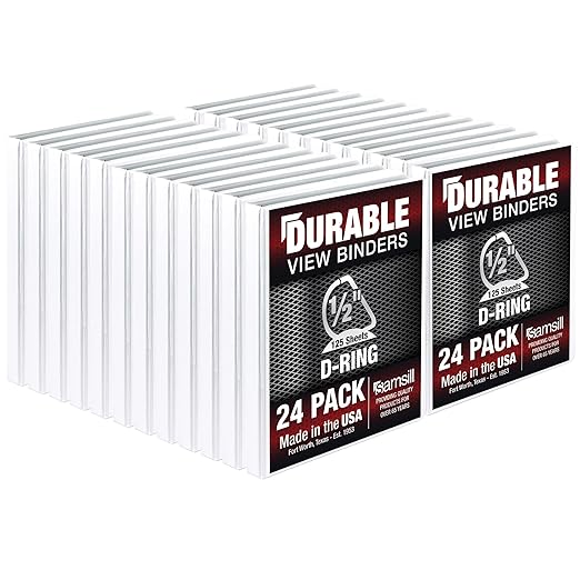 Samsill Durable 0.5 Inch Binder, D Ring Binder, Customizable Clear View Cover, White, 24 Pack, Each Holds 125 Pages