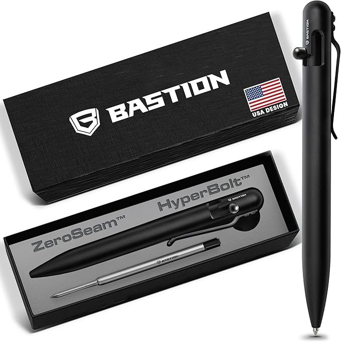 BASTION Stainless Steel Bolt Action Pen - exclusive Hyperbolt & ZeroSeam, CNC Machined EDC Writing Tool, Refillable, Executive Gift Pen - Black