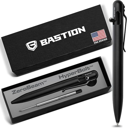 BASTION Stainless Steel Bolt Action Pen - exclusive Hyperbolt & ZeroSeam, CNC Machined EDC Writing Tool, Refillable, Executive Gift Pen - Black