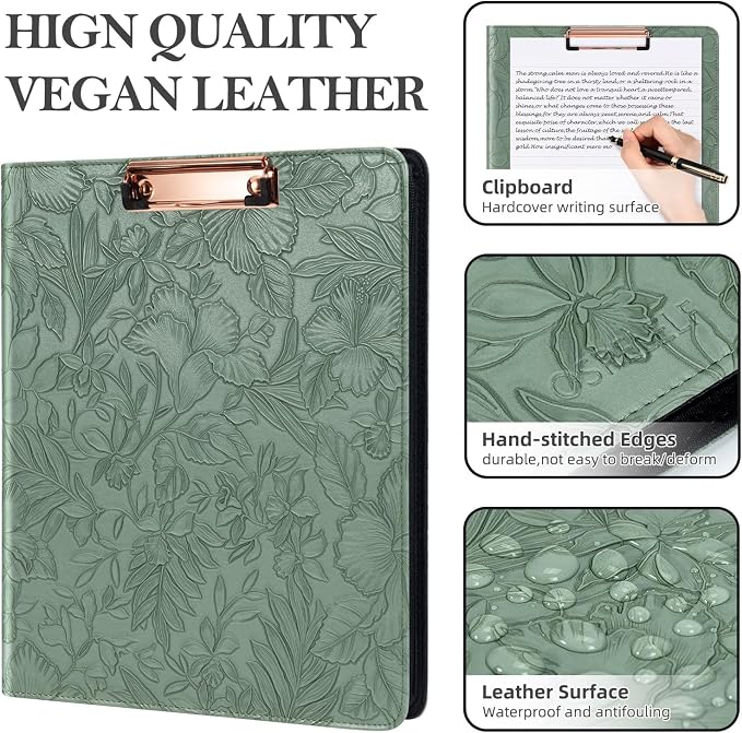 Ospelelf Green Leather Portfolio Binder 3 Ring, Zippered Clipboard Folder with Storage - 5 Dividers with Pocket, Padfolio for Women,12.1” Tablet Sleeve, Refillable Notepad, Card Slot