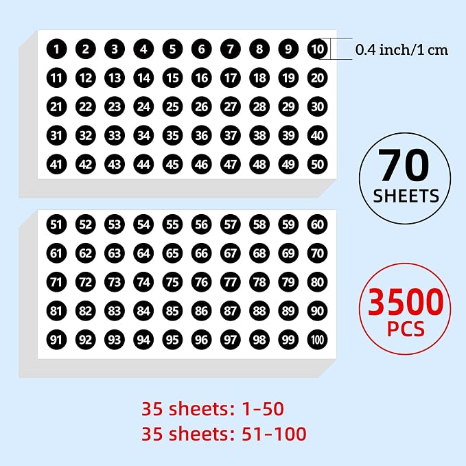 3500 Pcs 0.4 Inch 1 to 100 Self Adhesive Number Stickers, Black | Small Number Dot Labels,Consecutive number Decal for Inventory, Storage, Boxes, Classification, Organizing