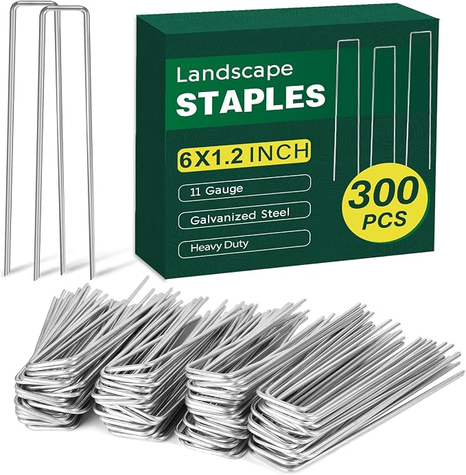 CEWOR 300 Pack Landscape Staples 6 Inch, 11 Gauge Garden Stakes | Galvanized Ground Staples Heavy Duty U Pins Yard Stakes for Landscape Fabric, Weed Barrier, Tent, Lawn, Sod, Turf
