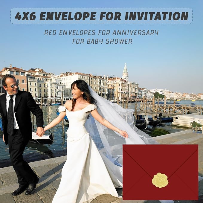 YINUOYOUJIA 4x6 Envelopes A4 Envelopes for Invitations(50, Red) | Golden Stickers with Envelopes,Self Seal,for Wedding, Invitations, Photos, Postcards, Greeting Cards, Mailing