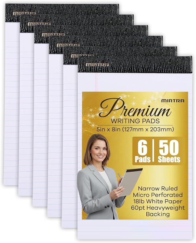 Mintra Office White Legal Pads – Ruled Notepads and Micro-Perforated Sheets, Ideal for Writing, Note-Taking & Creativity, Office, or Professional Use, Premium Pad 6 pack, 5"x8" (Narrow Ruled)