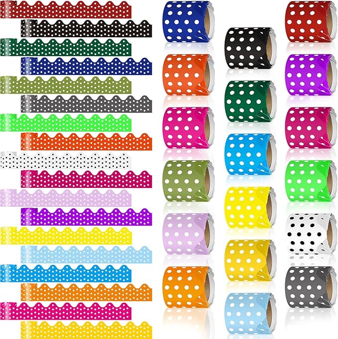 18 Rolls 300 Feet Bulletin Board Borders in 18 Colors, Scalloped Rolled Bulletin Board Trim for Wall Classroom School Office DIY Decoration(Polka Dots,Multicolored)