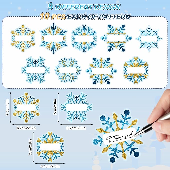 Whaline 90Pcs Christmas Winter Name Tag Stickers Blue Gold Snowflake Shape Nameplates Xmas Self-Adhesive Gift Label Decals for Holiday Present Students Desk Classroom, 9 Designs