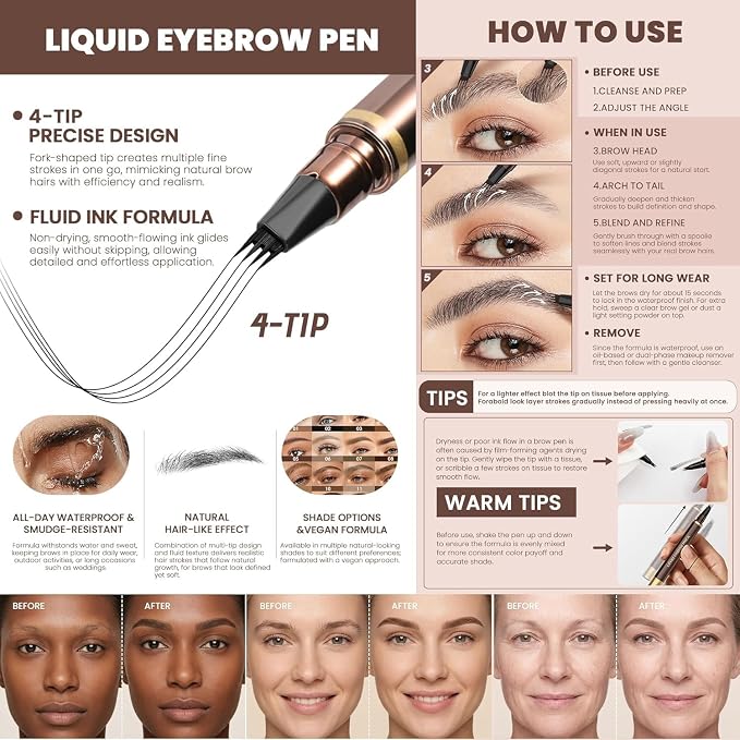 2 Pack Eyebrow Pen, Waterproof Microblading Eyebrow Pencil, 4 Tip Precise Eye Brow Makeup Pen for Women to Effortlessly Create Hair Like Natural Brows, Non Dry Out and Last All Day (Light Brown)