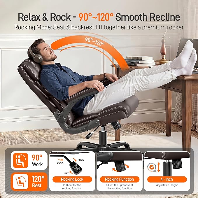 Office Chair, Executive Mid-Back Computer Desk Chair with Flip-up Armrests | 300 Lbs Ergonomic Leather Swivel PC Chair with Rock Function for Working Studying (Coffee)