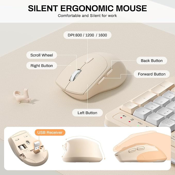 Wireless Keyboard and Mouse Combo,2.4G Ergonomic Wave Keys(Latte Color-B) | Full Size Cordless Keyboard with Wrist Rest,3-Level DPI Ergonomic Mouse for Office and Home,Windows/Mac OS/Desktop/Laptop/PC