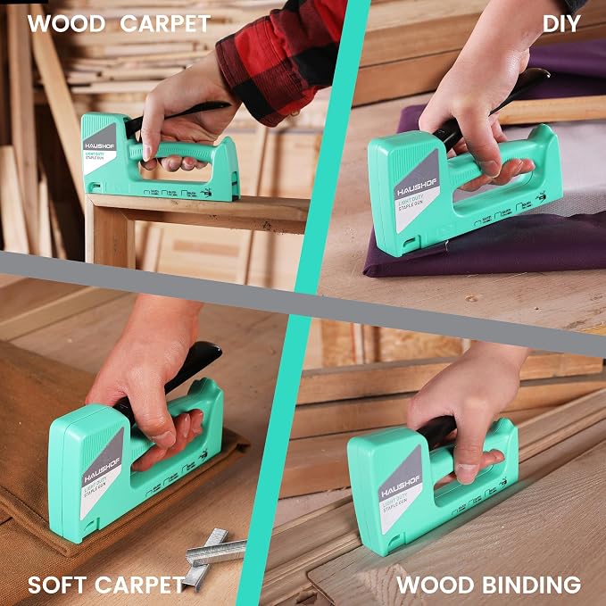HAUSHOF Light Duty Staple Gun, Upholstery Staple Gun with 800PCS JT21 Staples and Stapler Remover, Fits JT21 Staple of 1/4'', 5/16'' & 3/8'', Used for Wood, Classroom, Crafts, DIY, Decoration (Green) | Upholstery Staple Gun Fits JT21 Staple of 1/4'', 5...