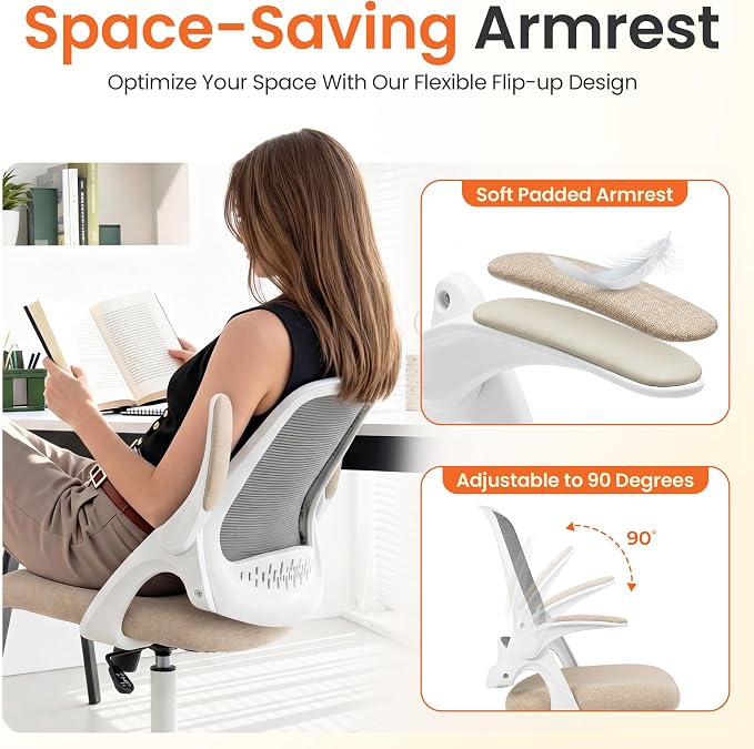 NEO CHAIR Office Computer Chair Ergonomic Mesh Back Flip-Up Arms, Beige | Lumbar Support, Smooth-Rolling Casters, Height Adjustable Seat, Comfortable Seating for Office, Study and Computer Work
