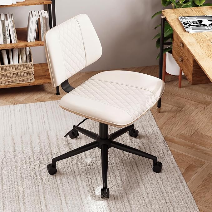 Modern Armless Office Chair with Wheels, Wide Seat Walnut, Beige | Adjustable Swivel Desk Chair with Mid Back & Tilt Function, Faux PU Leather Mid Century Modern Task Office Chair, 300LBS Cap