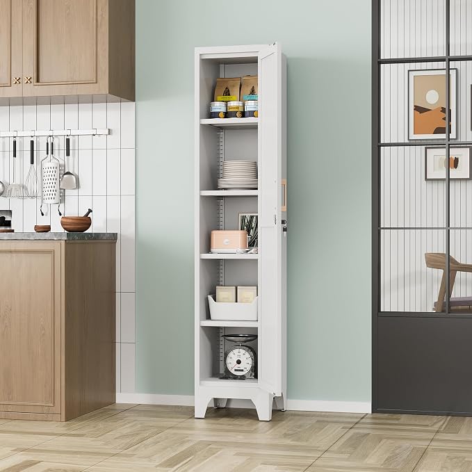67"H White Metal Locker with 1 Lockable Door and 4 Adjustable Shelves For Employees, 5 Tier Thin Storage Cabinet with Detachable Legs and Gold Handle for Kitchen,Office,Gym,School,Easy Assembly 2Pcs