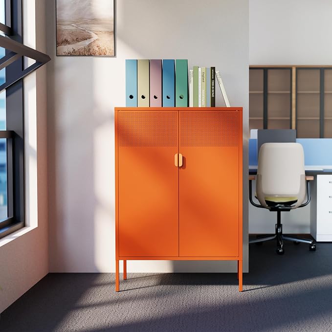 Washsemba 2 Mesh Door Metal Cabinet with Adjustable Shelves, Multipurpose Orange Storage Cabinet, 3-Tier,Metal Storage Cabinet for Office Home,Hallway(Orange, 47''H)