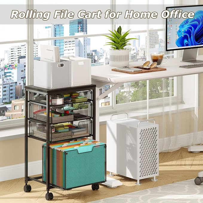 Sbanmao Rolling File Cart with 4 Storage Drawers, Mobile File Cabinet with Wheels, Hanging File Organizer, Under Desk Printer Stand Utility Cart Filing Cabinet for Home Office, Black