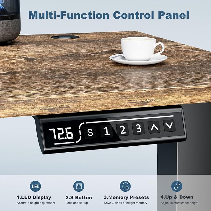 DUMOS 63 Inch Electric Standing Desk, Memory Adjustable Home Office Desk | Sit Stand Up Desk for Work Home Office,Adjustable Desk, Rising Computer Table with Splice Board,Cable Management,Hook,Brown
