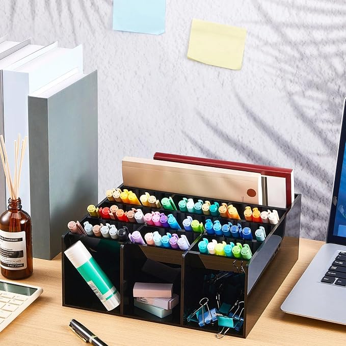 MotiMind Acrylic Pen Organizer Storage for 150 Markers Vertical Marker Organizer Acrylic Pen Display Holder for Office Desk Desktop Stationery Pencil Storage, Black, 10.2 x 4 x 9.8 Inch