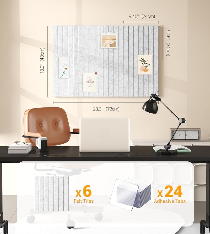 28" x 18" Felt Bulletin Board Tiles 1/2" Thick, Light Gray | 6 Pack Felt Tiles, Large Cork Board Alternative, 30 Adhesive Tabs, Pin Board for Home Office Decor with Easy Install
