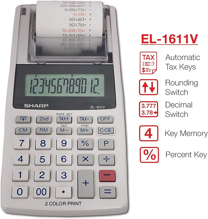 Sharp EL-1611V Handheld Portable Cordless 12 Digit Large LCD Display Two-Color Printing Calculator with Tax Functions