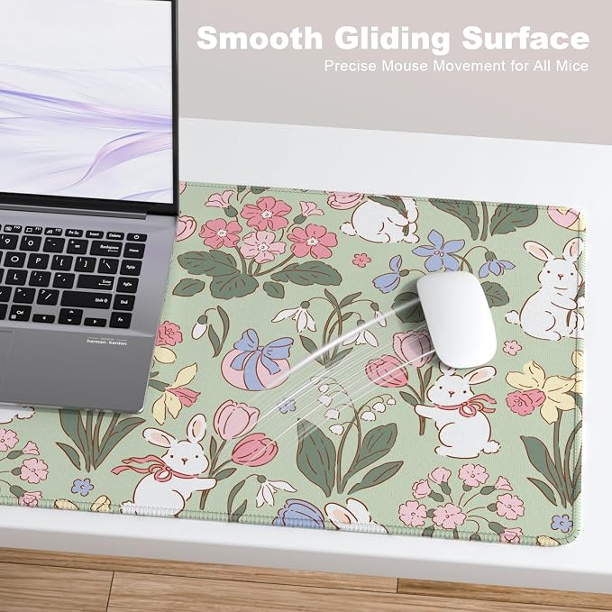 Desk Mat, Large Gaming Mouse Pad, 32" x 12", Cute Floral Bunny | Waterproof Desk Pad, Non-Slip Rubber Base, Desktop Mat with Stitched Edges, Desk Accessories for Office, Work, Home