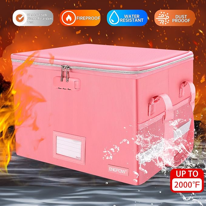 ENGPOW File Box with Lock, Fireproof Document Box with Pockets, Collapsible File Organizer Filing Storage Cabinet with Handle, Portable Home Office Safe for Hanging Letter/Legal Folders, Pink, 2 Pack