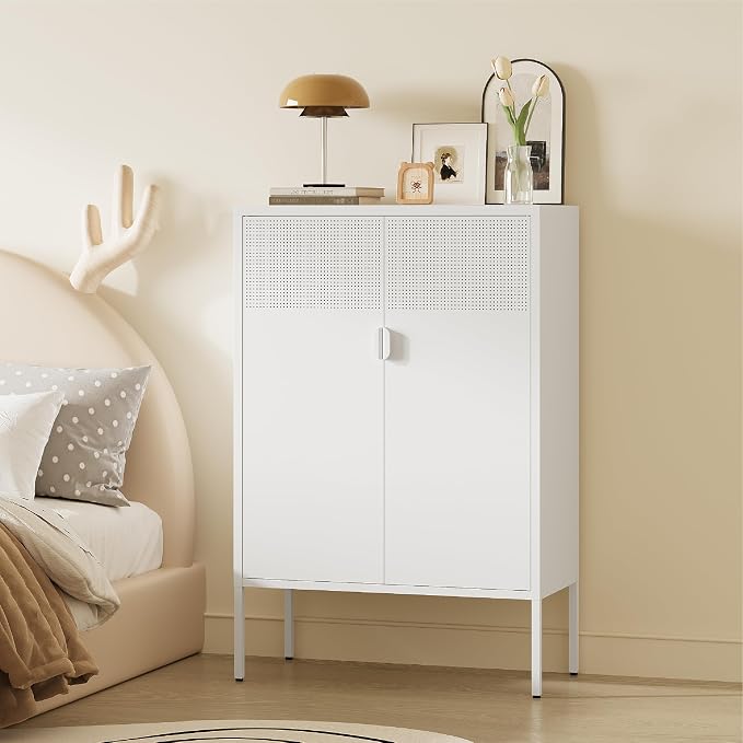 Metal Storage Cabinet,2 Door TV Stand, Metal Mesh Accent Cabinet | Magnetic Door Closure,Low Storage Cabinets with Doors and Shelf for Home,Office,Living Room
