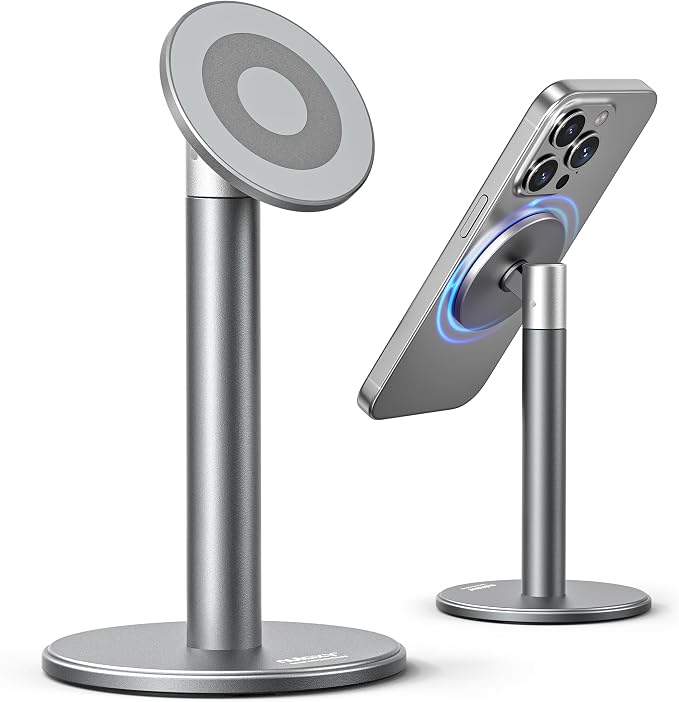 Nulaxy Magnetic Full Aluminum Cell Phone Stand with 360 Rotating Adjustment | Stable Base, Includes Metal Ring, Works with Thick Cases, Hands-Free, Office Accessories, Compatible with All Phones