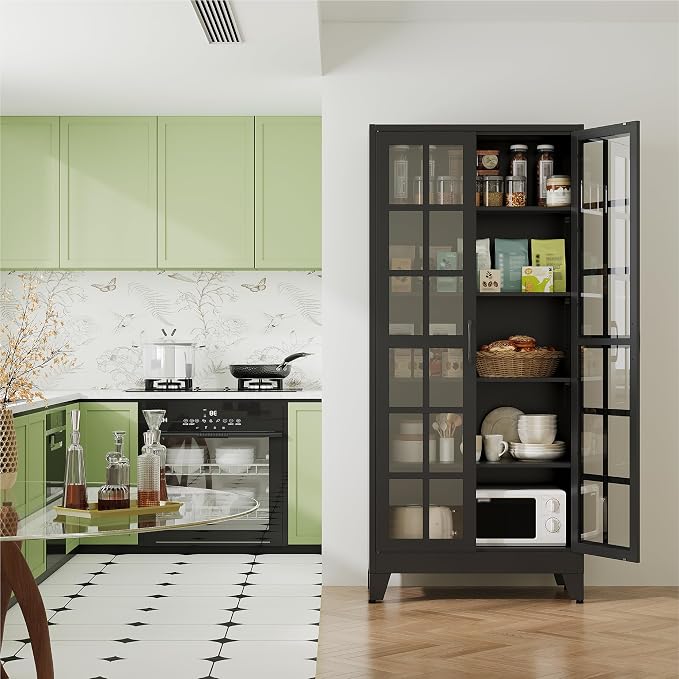 QINPTWUT 71" Tall Glass Door Storage Cabinet, Modern Metal Pantry Cabinet with 4 Adjustable Shelves, Freestanding Display Cabinet for Kitchen, Living Room, Dining Room, Home Office (Black)