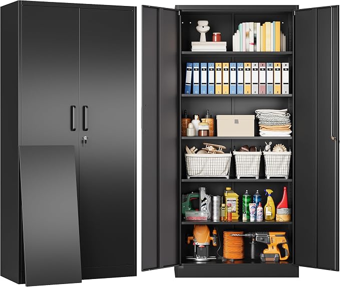 Metal Storage Cabinet with 2 Doors and 6 Shelves,Black Metal Cabinet with Lock,71" Lockable Garage Storage Cabinets,Locking File Cabinet,Steel Tool Cabinets for Home,Office,Garage,Shop,School