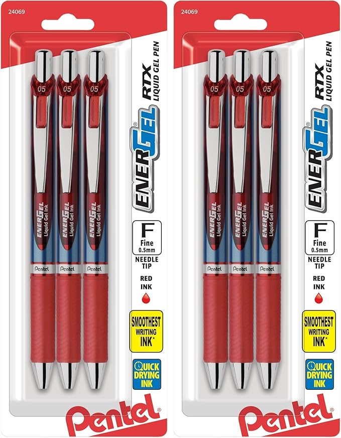 Pentel® EnerGel® RTX Retractable Liquid Gel Pens, Fine Point, 0.5mm, 54% Recycled, Assorted Barrel Colors, Red Ink, Pack Of 6 Pans