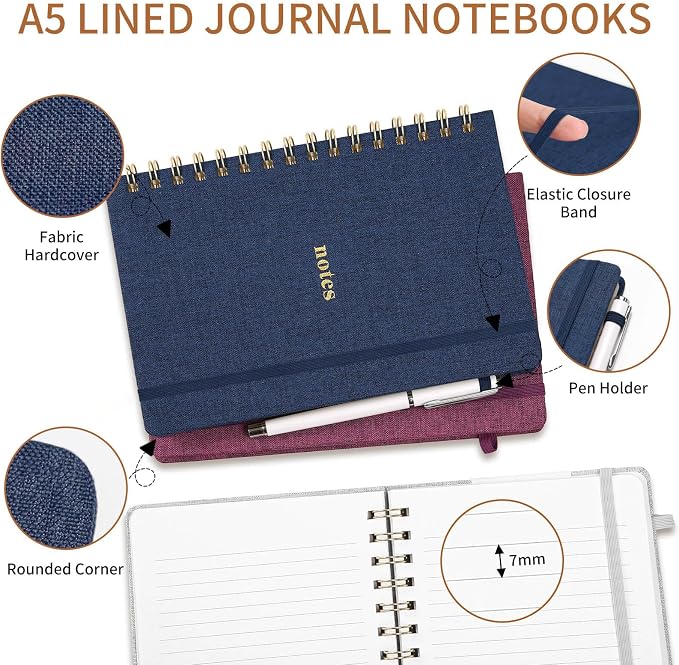 A5 Spiral Notebook, Fabric Hardcover College Ruled Journal | 100GSM Paper 160 Lined Pages, 5.7"x8.39" Steno Pads with Elastic Band & Pen Loop, for Work, School Note Taking (Dark Blue)