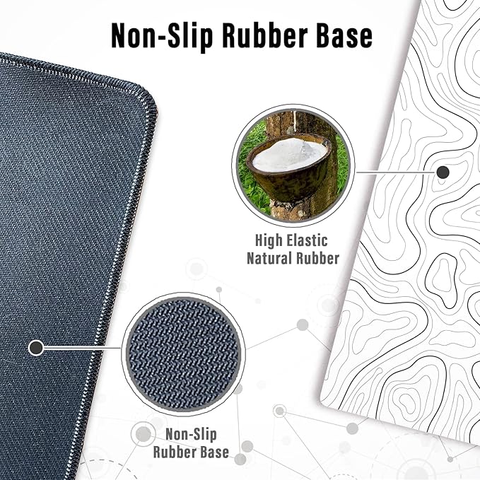 Ovenbird Large Gaming Mouse Pad with Stitched Edges, Minimalist Topographic Map Desk Mat, Extended XL Mousepad with Anti-Slip Base, Cool Desk Pad for Keyboard and Mouse, 35.4 x 15.7 in, White